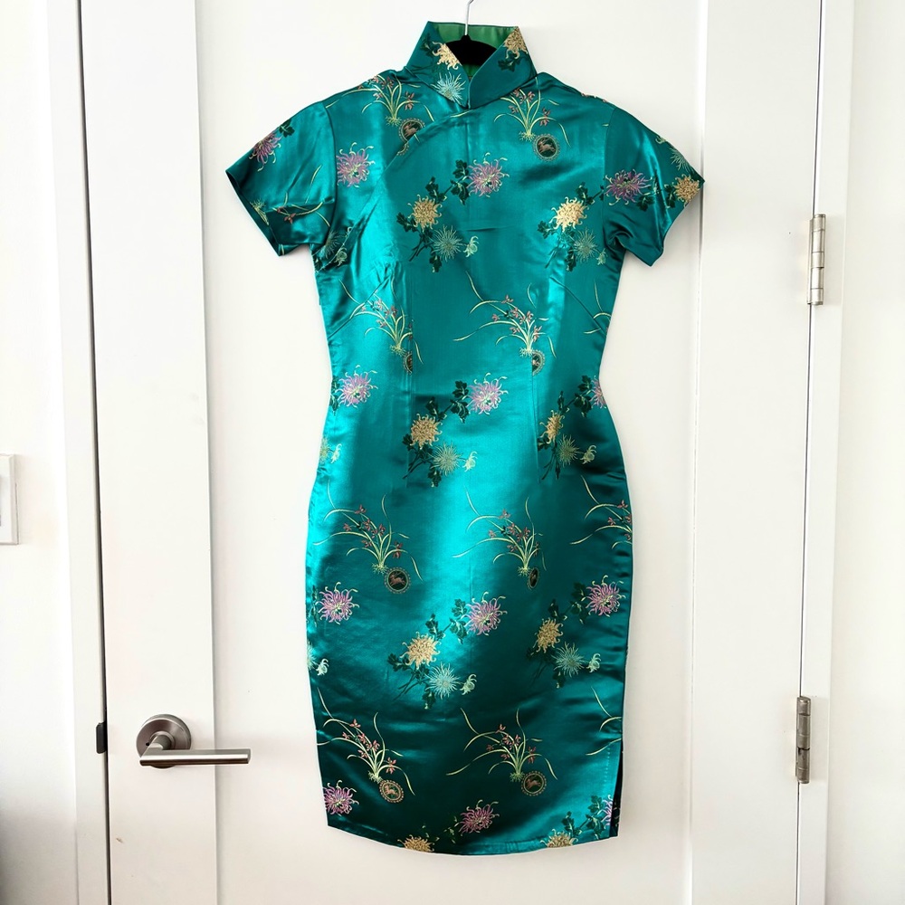 Vintage Custom Silk Organza Embroidery Qipao Cheongsam Evening Dress Gown XS